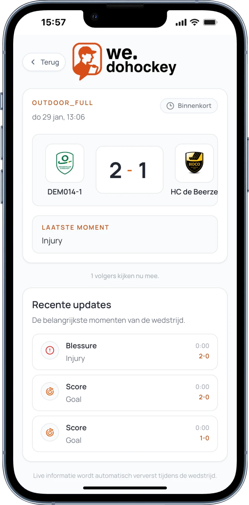 Nederlandstalige publieke Live-wedstrijdweergave met fictieve stand en recente updates