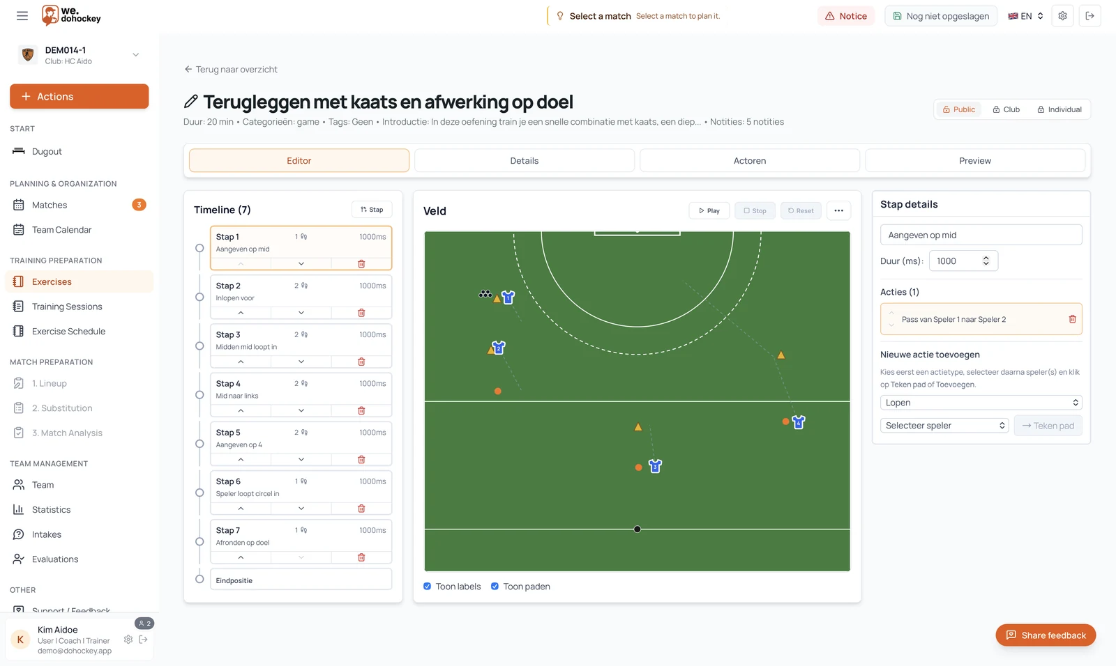 Exercise editor with pitch diagram and animation timeline