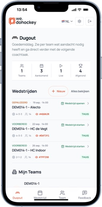 Mobiele Dugout met teamacties en voorbereide wedstrijden