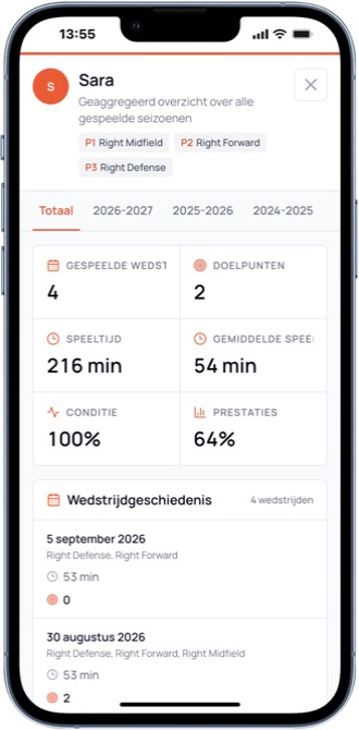 Mobile player statistics with season and match history