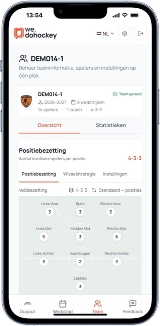 Mobile team overview with players and statistics