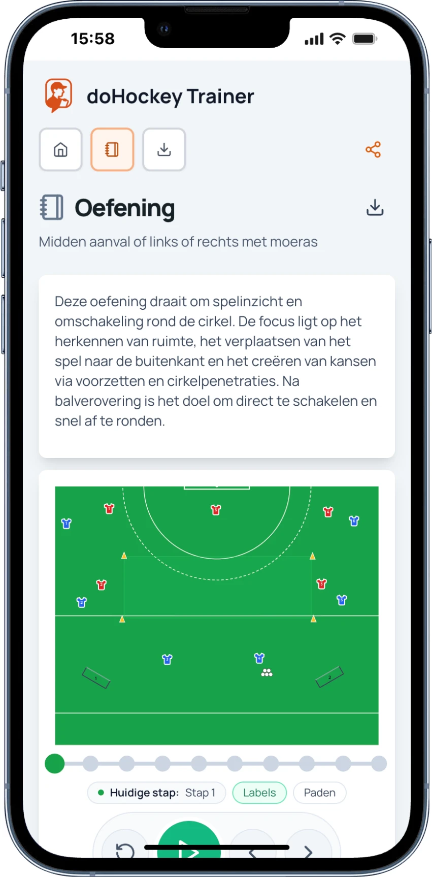 Trainer-oefening met uitleg, hockeyveld en afspeelbediening